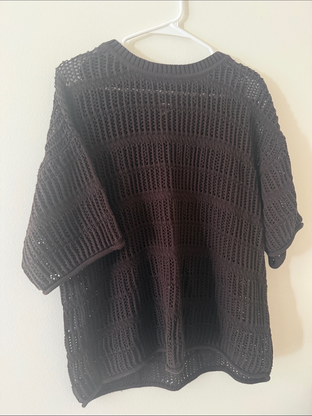 aerie Brown Open-Knit Short-Sleeve Crewneck Sweater